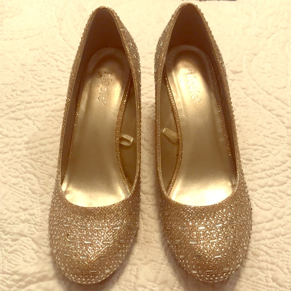 Nicole gold rhinestone wedge heels 7.5W